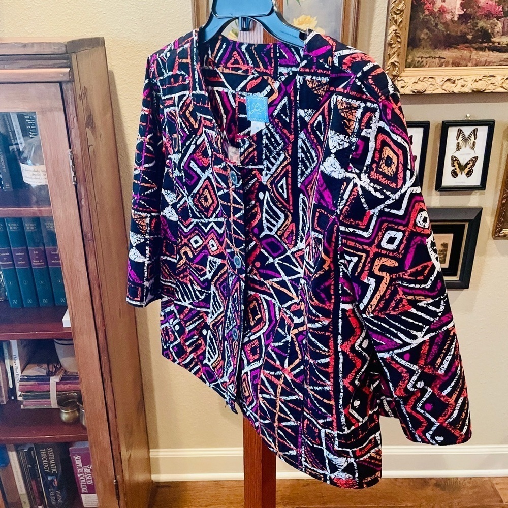 Lark Lane 3/4 sleeve abstract tribal swing style button jacket 16 pink orange - Picture 3 of 10